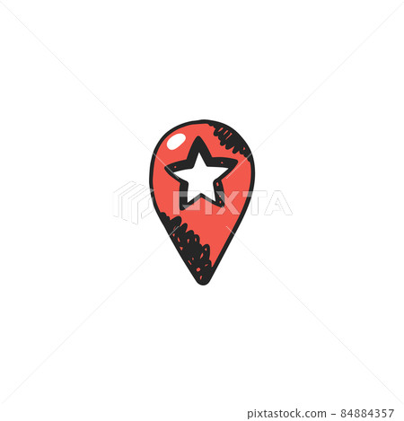 Star shaped red map pin vector icon, hand drawn sketch. Location marker drawing, isolated on white background. 84884357
