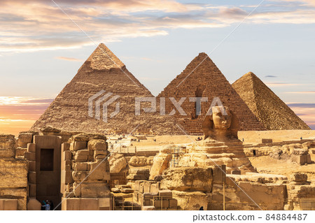 Ruins of Egypt Necropolis with the Sphinx by the Pyramids, Cairo, Egypt 84884487