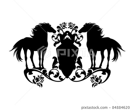 standing horses with heraldic shield among rose flowers black vector design 84884620