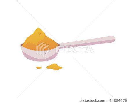 Indian curry spices powder in spoon, cartoon vector illustration. Measuring metal scoop with turmeric herb powder, side. 84884676