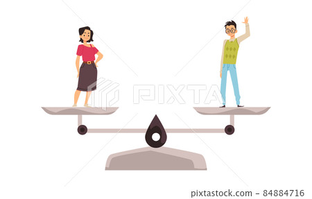 Young woman and Asian man weight equal on the balanced scale, Gender equality movement cartoon vector illustration. 84884716