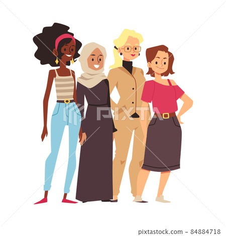 Group of Black African, Muslim, White blonde and Brown haired women stand strong together as woman empowerment movement. 84884718