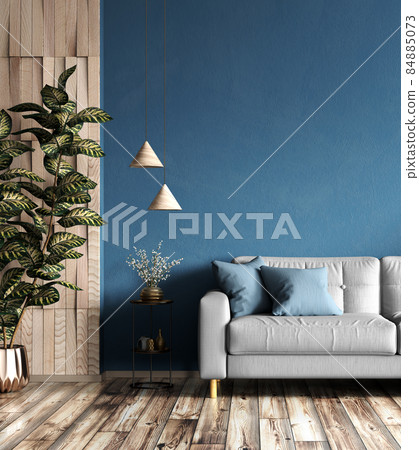Interior design of modern apartment, gray sofa in living room over blue mock up wall, home design 3d rendering 84885073