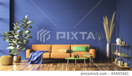Interior with orange sofa in modern living room with blue mockup wall, home design 3d rendering Interior with orange sofa in modern living room with blue mockup wall, home design 3d rendering 84885081
