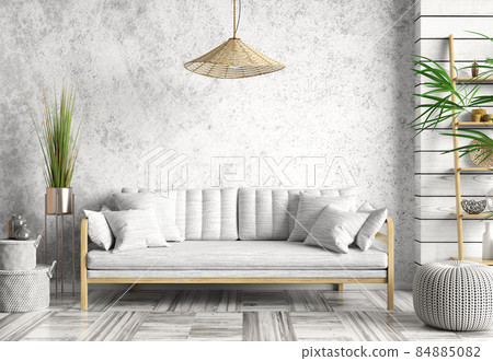 Interior with white sofa and ladder shelf in modern living room with wooden panelling and mockup wall, home design 3d rendering 84885082