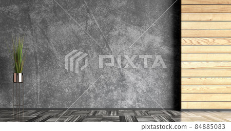Interior background of room with wooden paneling and black stucco concrete mockup wall with copy space, pot with grass 3d rendering Interior background of room with wooden paneling and black stucco concrete mockup wall with copy space, pot with grass 3d rendering 84885083