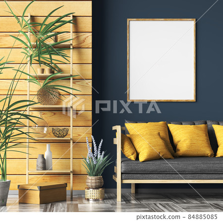 Interior with black sofa and ladder shelf in modern living room with wooden panelling and dark blue wall with poster, home design 3d rendering Interior with black sofa and ladder shelf in modern living room with wooden panelling and dark blue wall with poster, home design 3d rendering 84885085