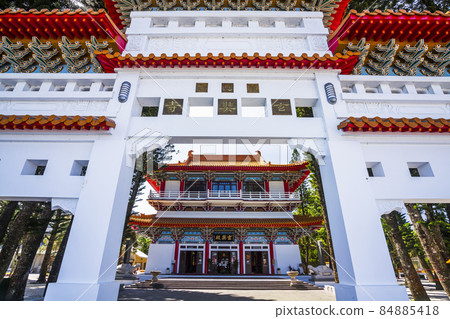 Building view of Xuanzang Temple in Sun Moon Lake of Nantou, Taiwan. The structure is modeled after ancient halls and rooms of the Tang dynasty. Building view of Xuanzang Temple in Sun Moon Lake of Nantou, Taiwan. The structure is modeled after ancient halls and rooms of the Tang dynasty. 84885418