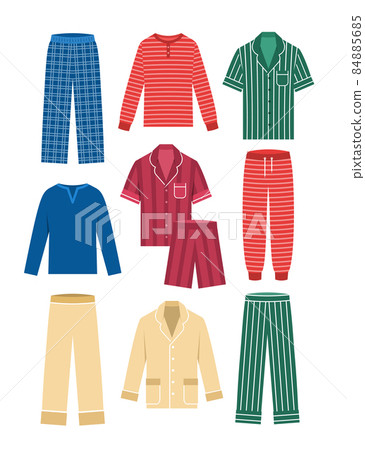 Men pajamas sets. Male home clothes. Different styles and colors. Comfortable sleepwear, shirts, shorts and pants, cotton and silk. Flat vector illustration 84885685