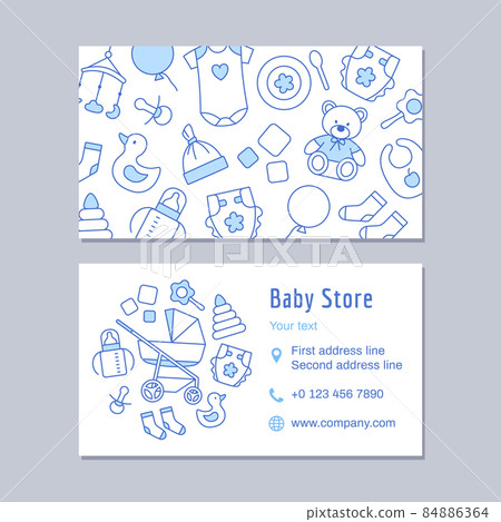 Baby store discount card outline design template. Thin line visit identity on white background. Kids clothing, toys, diaper, furniture. Business contact, mobile phone, web vector illustration. Baby store discount card outline design template. Thin line visit identity on white background. Kids clothing, toys, diaper, furniture. Business contact, mobile phone, web vector illustration. 84886364
