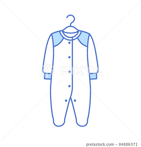 Baby romper thin line icon isolated on white background. Blue outline newborn girl boy bodysuit clothing on hanger. Element design for baby store. Minimal beautiful kids fashion vector illustration. 84886371