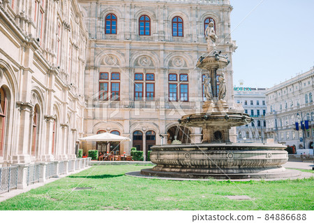 Vienna Opera house, Austria. Photo view on fountain at vienna opera state house. Vienna Opera house, Austria. Photo view on fountain at vienna opera state house. 84886688