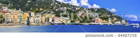 Beautiful italian coastal town Rapallo. View of medieval fortress and promenade. Italy, Liguria 84887258