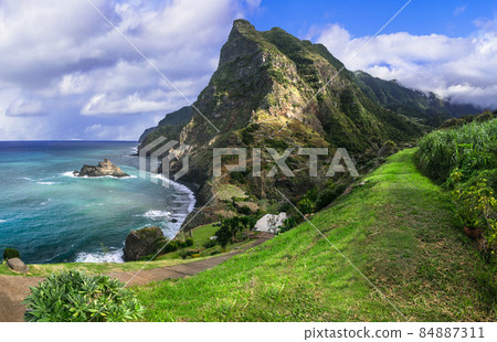 Madeira island, incredible beauty nature scenery. Viewpoint (Miradouro) of Sao Cristovao with impressive rock. Boaventura , northern part of the island. Portugal travel 84887311