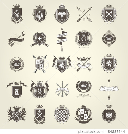 Set of heraldic blazon, coat of arms, knight and chivalry emblems, shield crest, heraldry vector Set of heraldic blazon, coat of arms, knight and chivalry emblems, shield crest, heraldry vector 84887344