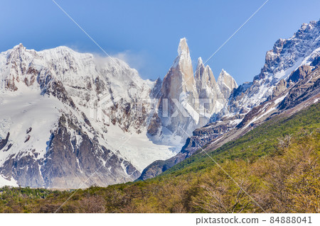 Panoramic picture of Cerro Torre taken from El Chalten hiking trail Panoramic picture of Cerro Torre taken from El Chalten hiking trail 84888041