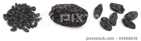 Black raisin isolated on white background with clipping path. Top view. Flat lay, Set or collection 84888656