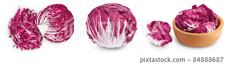 Fresh red radicchio salad chopped isolated on white background with full depth of field. Set or collection 84888687