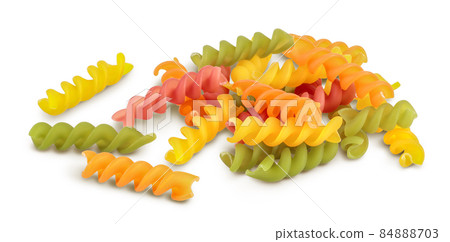 raw Fusilli colored pasta, isolated on white background with clipping path and full depth of field raw Fusilli colored pasta, isolated on white background with clipping path and full depth of field 84888703