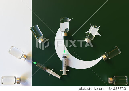 Glass vials and syringes on the flag of Pakistan. Vaccination related conceptual 3D rendering 84888730