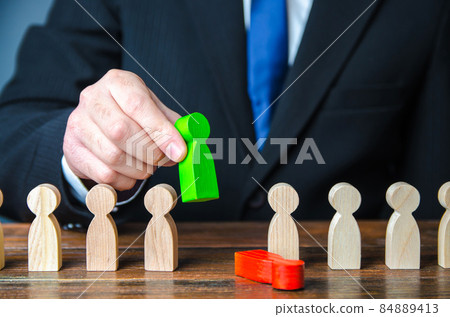 Businessman kicks out an employee and replaces him with a new one. Replacement of leading posts by affiliated people. Staff optimization. Staff renewal. Social toxicity and discipline. Dismissal 84889413