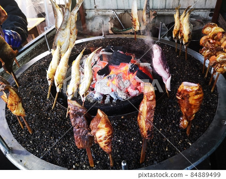 Fresh seafood charcoal grilled skewer kitchen car 84889499