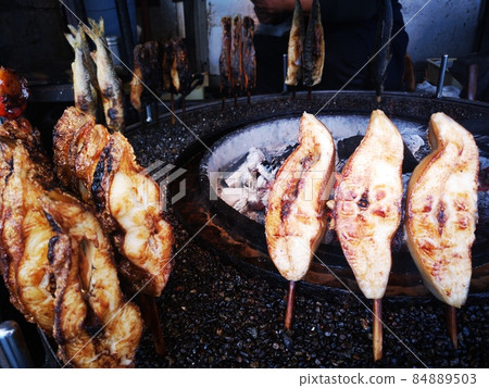 Fresh seafood charcoal grilled skewer kitchen car 84889503