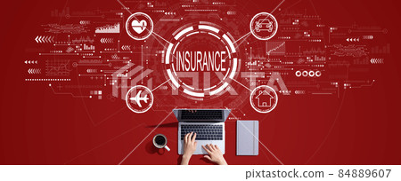 Insurance concept with person working with laptop Insurance concept with person working with laptop 84889607