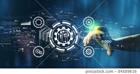 Automation concept with hand pressing a technology screen Automation concept with hand pressing a technology screen 84889616