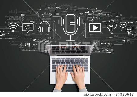 Podcast theme with person using laptop Podcast theme with person using laptop 84889618