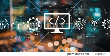 Web development concept with blurred city lights Web development concept with blurred city lights 84889619