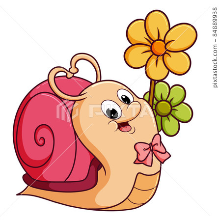 The happy girly snail is posing near the colorful flower The happy girly snail is posing near the colorful flower 84889938