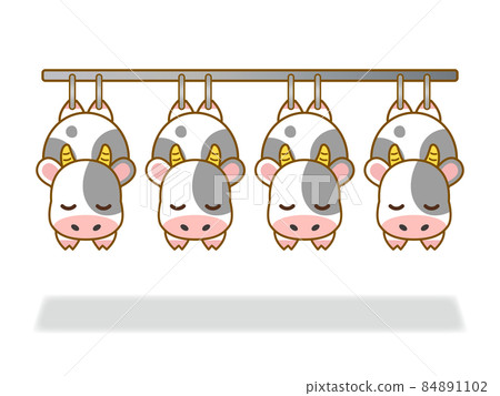 Illustration of a cow hung in a meat factory 84891102