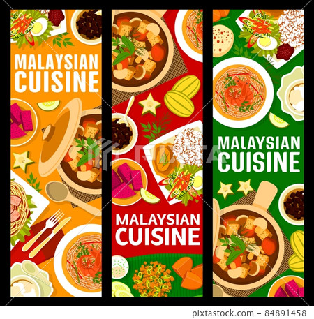Malaysian cuisine food banners with Asian dishes and Malay meals, vector rice and curry. Malaysian traditional cuisine menu for restaurant dinner or lunch, spring rolls, curry pies and prawn fritters Malaysian cuisine food banners with Asian dishes and Malay meals, vector rice and curry. Malaysian traditional cuisine menu for restaurant dinner or lunch, spring rolls, curry pies and prawn fritters 84891458