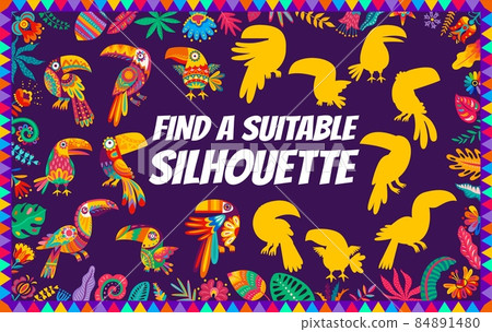Find a suitable silhouette of mexican toucan birds, kids quiz vector worksheet. Puzzle game or riddle, find correct similar shadow of cartoon mexican toucan with flowers and tropical palm leaves 84891480