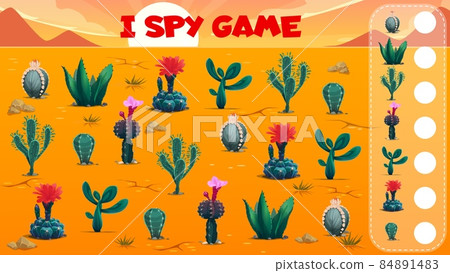 I spy game worksheet. Mexican cactus succulent plants in desert vector background. Kids education puzzle or counting riddle, find and count of saguaro, opuntia, indian fig and chin cacti 84891483
