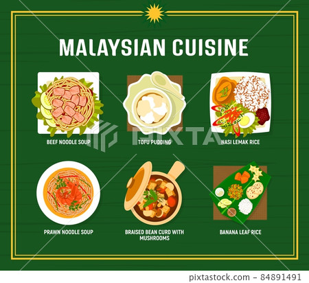 Malaysian cuisine menu vector beef or prawn noodle soups, tofu pudding and nasi lemak rice meals. Braised bean curd with mushrooms and banana leaf rice tarditional food of Malaysia, asian dishes 84891491