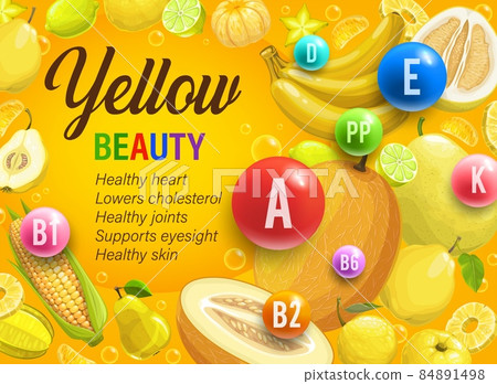 Yellow day of color rainbow diet. Organic nutrition and multivitamins in food, vector. Rainbow eating program of yellow day with benefit of fruits, vegetables and healthy cereals for beauty 84891498