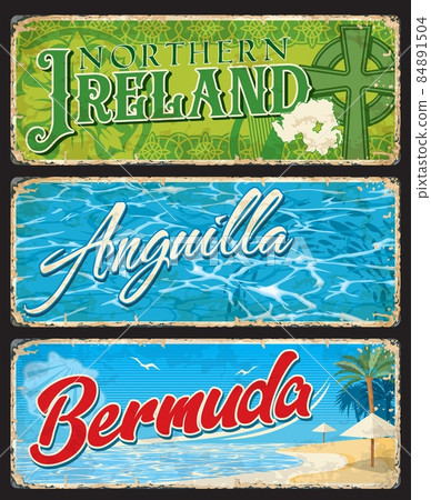 Northern Ireland, Anguilla and Bermuda british regions plates, vector tin signs. UK provinces or Britain lands welcome metal plates with landmarks, region maps and crest emblems of Irish castles Northern Ireland, Anguilla and Bermuda british regions plates, vector tin signs. UK provinces or Britain lands welcome metal plates with landmarks, region maps and crest emblems of Irish castles 84891504