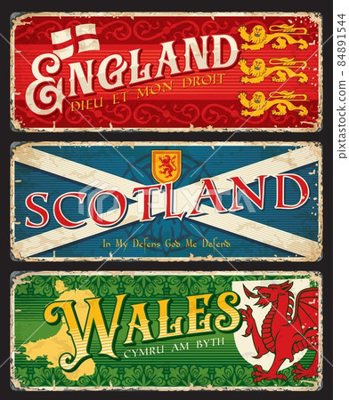 England, Scotland, Wales british regions plates or stickers, vector tin signs. UK Britain metal plates with maps, crest or emblems with slogans and landmark symbols of regions, travel luggage tags England, Scotland, Wales british regions plates or stickers, vector tin signs. UK Britain metal plates with maps, crest or emblems with slogans and landmark symbols of regions, travel luggage tags 84891544