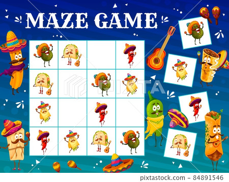 Sudoku kids game worksheet with cartoon funny Mexican food characters. Sudoku vector puzzle d game with Mexican burrito and tacos, nachos, avocado and pepper with guitar in sombrero 84891546