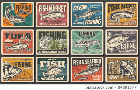 Fishing, fish catch tournament and fisher tours, vector retro posters. Fish and seafood restaurant, fishery market and fisherman equipment rods, tackles and lures ocean tuna, sea trout and river pike 84891577