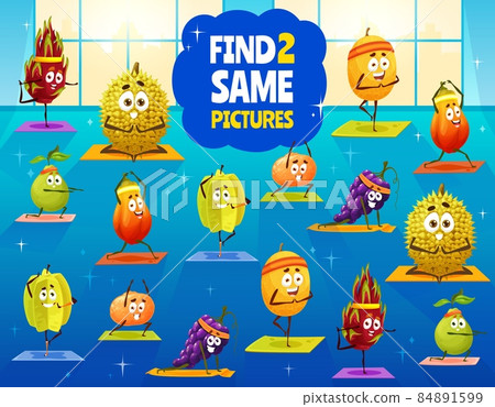 Find two same cartoon fruit characters in yoga or fitness gym stage, vector kids puzzle. Children tabletop game to find similar fruits, papaya and grape, guava and melon, carambola on pilates Find two same cartoon fruit characters in yoga or fitness gym stage, vector kids puzzle. Children tabletop game to find similar fruits, papaya and grape, guava and melon, carambola on pilates 84891599