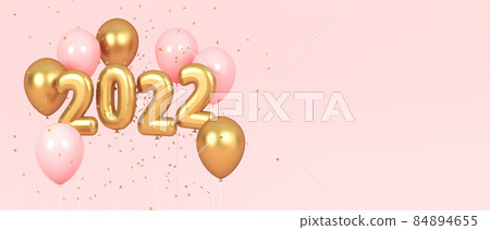 New Year's golden and pink balloons with copy space. 3d rendering New Year's golden and pink balloons with copy space. 3d rendering 84894655