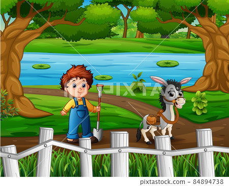 Cartoon young farmer with a donkey at the farm 84894738