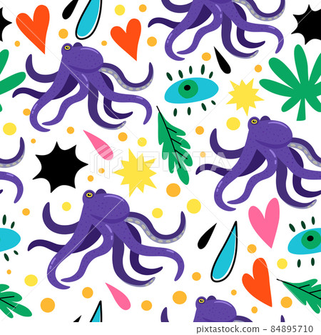 Psychedelic seamless pattern with doodle colorful design elements. Abstract simple shapes, hearts and octopus. Psychedelic seamless pattern with doodle colorful design elements. Abstract simple shapes, hearts and octopus. 84895710