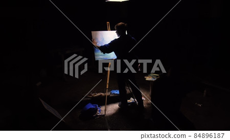 Artist copyist paint seascape with ship in ocean. Craftsman decorator draw as boat sail on blue sea. Black background. Wide angle shot. Artist copyist paint seascape with ship in ocean. Craftsman decorator draw as boat sail on blue sea. Black background. Wide angle shot. 84896187
