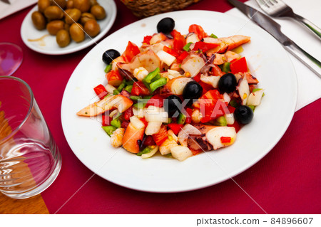 Seafood Salpicon with shrimp, mussels, octopus, vegetables and olives Seafood Salpicon with shrimp, mussels, octopus, vegetables and olives 84896607