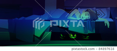 Monsters hiding under bed with sleeping woman 84897618
