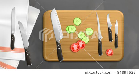 Vegetable slices lying on cutting board with knife Vegetable slices lying on cutting board with knife 84897625